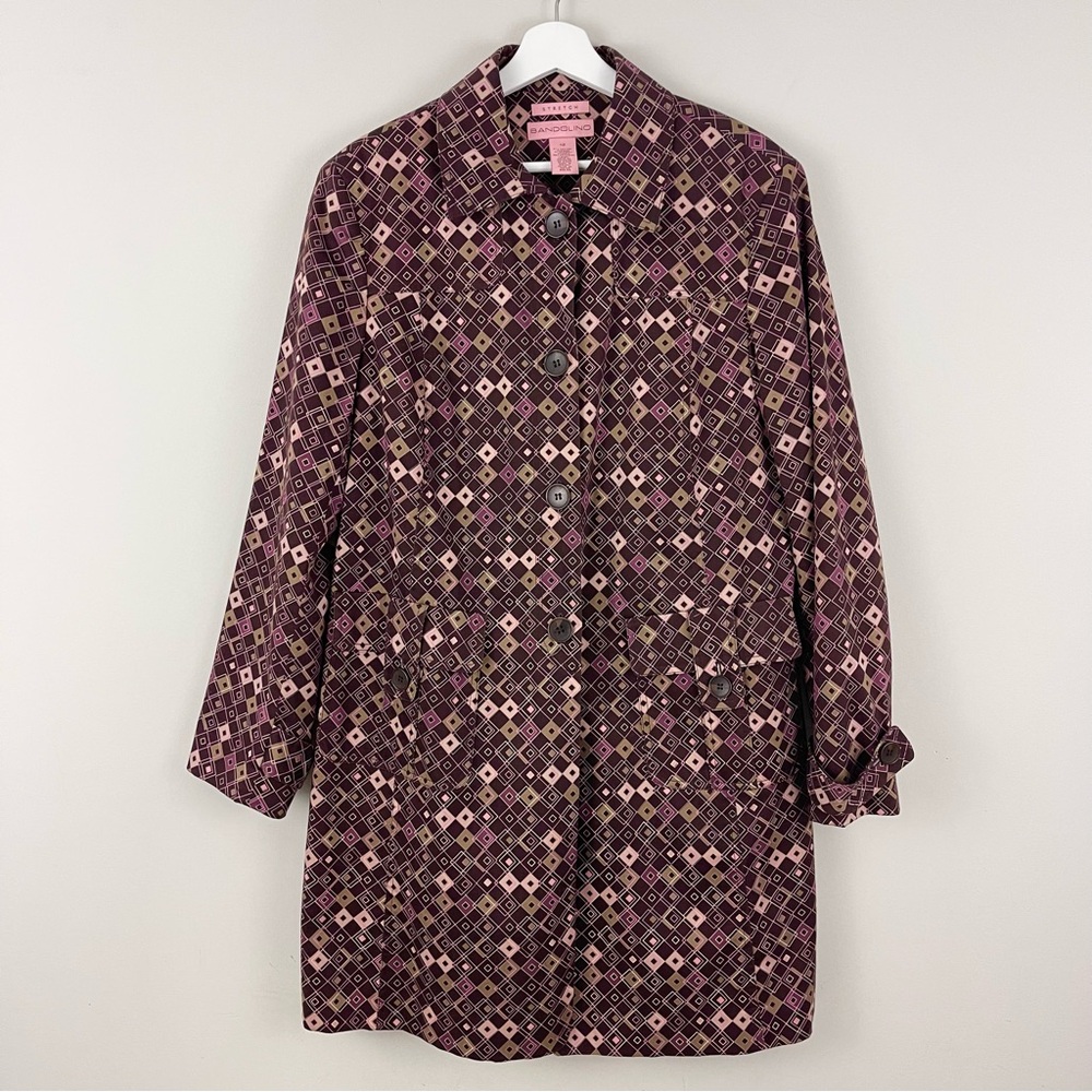 Bandolino Stretch Cotton Trench Brown Pink Geometric Square Print Jacket